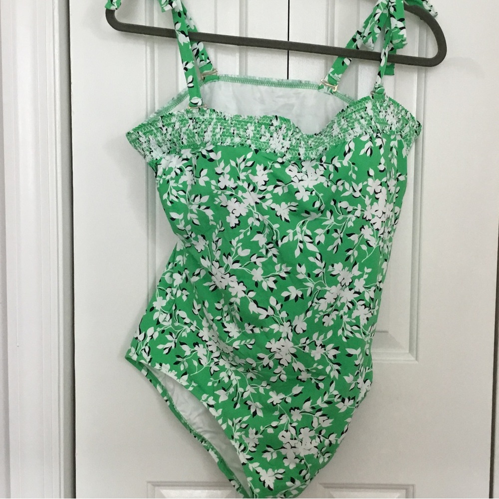 Lands' End Green & White Floral One-Piece Swimsuit